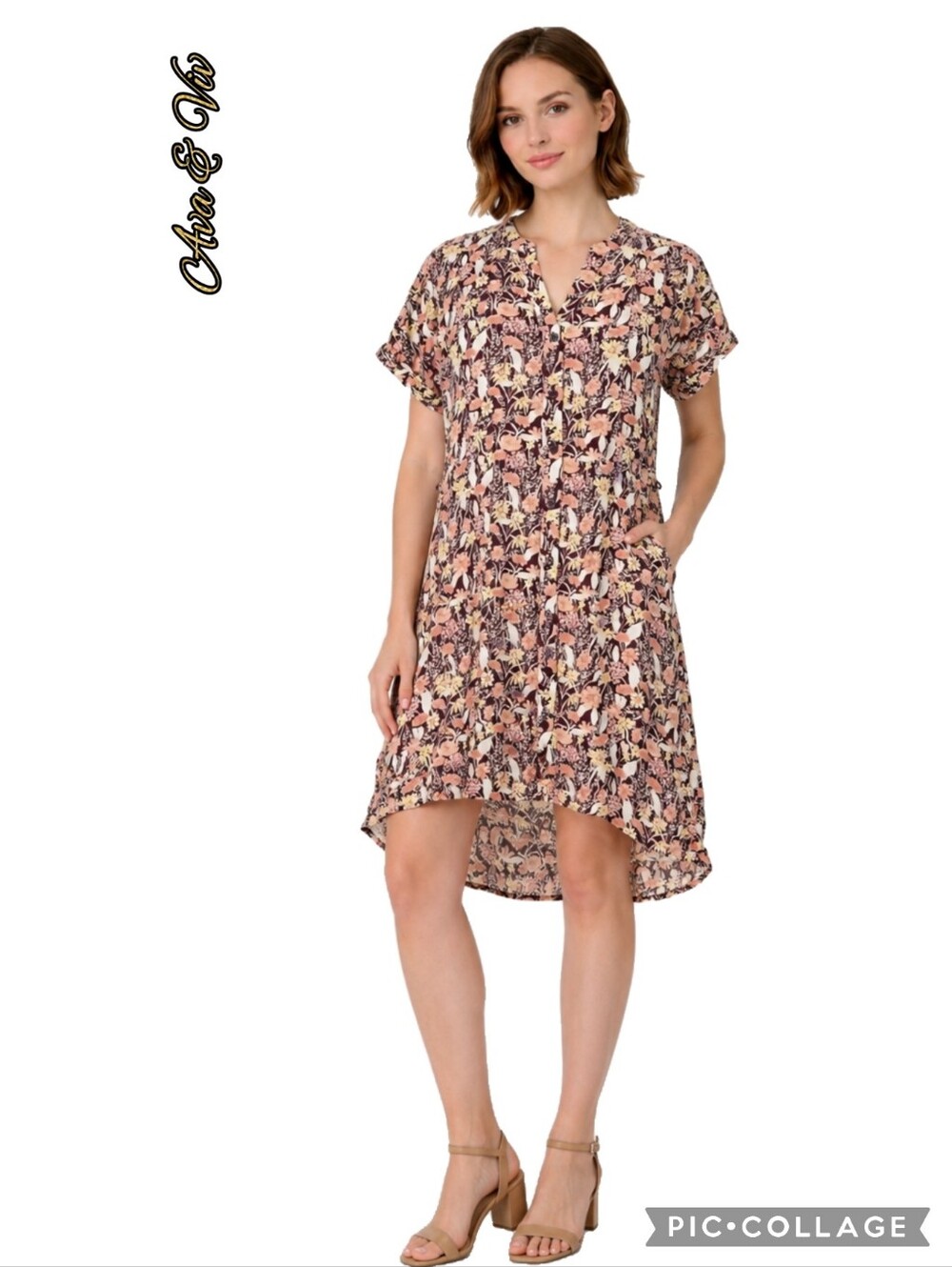 Ava & Viv floral shift dress, front buttons, small collar hi-lo hem with ruffle